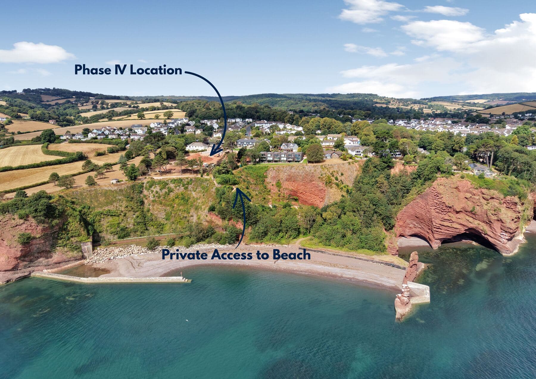 Aerial photograph annotated with the Phase IV location and the private access to the beach