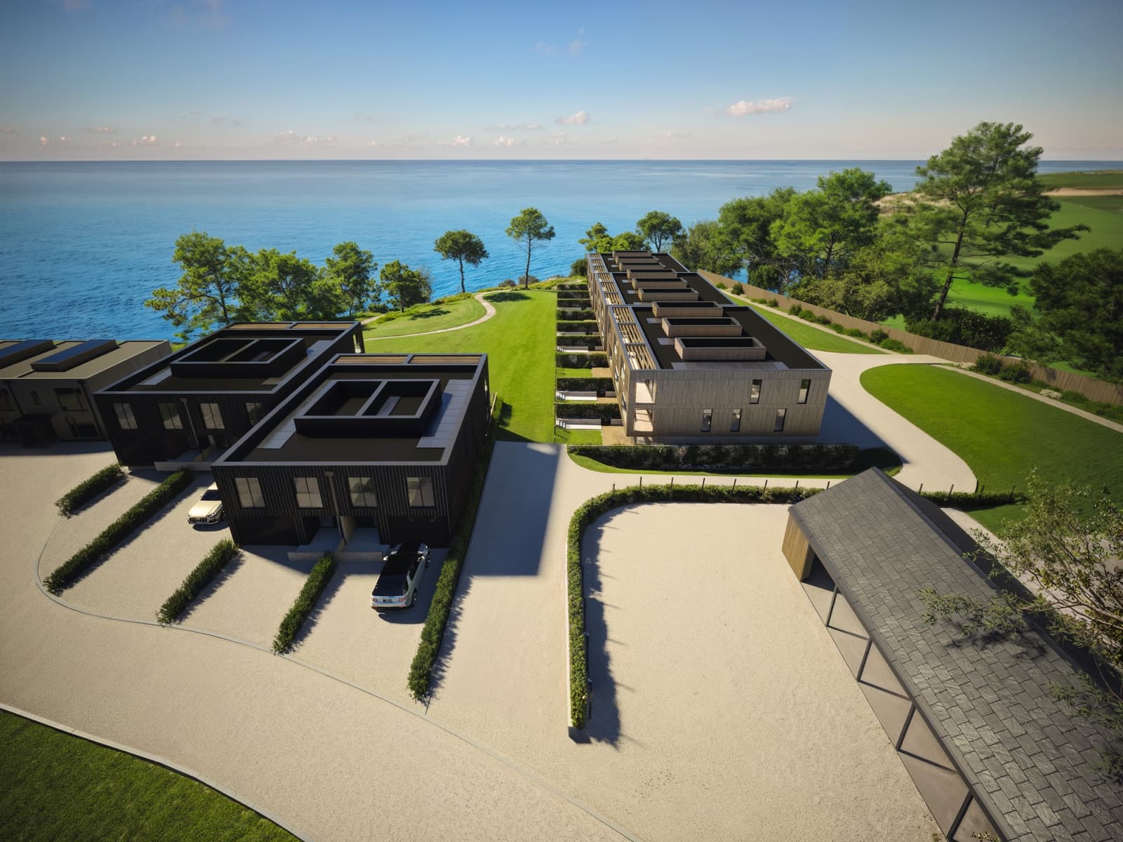 Aerial CGI of the final phase homes on the clifftop above the sea