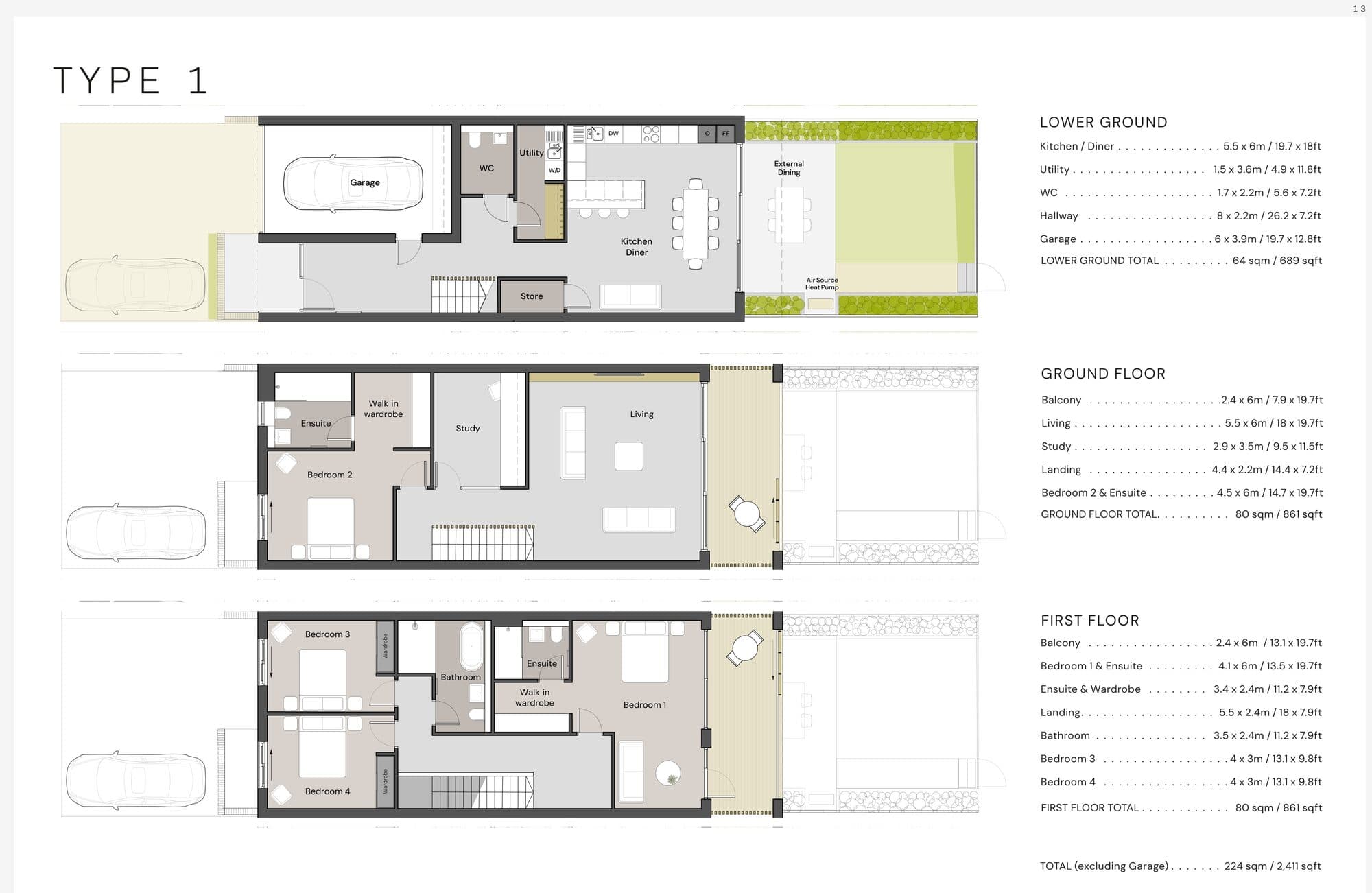 Type 1 floor plans, lower ground, ground and first floor