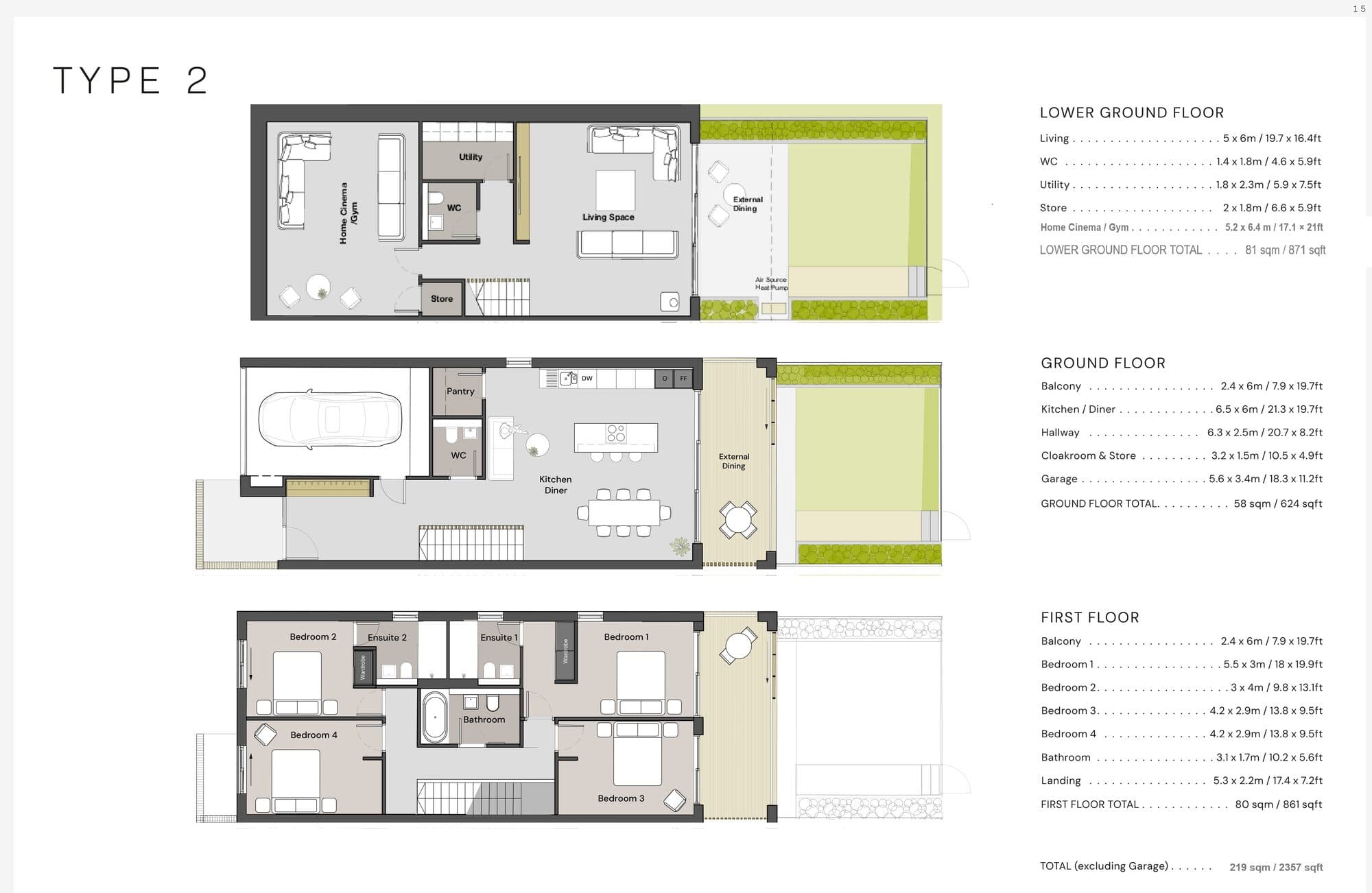 Type 2 floor plans, lower ground, ground and first floor
