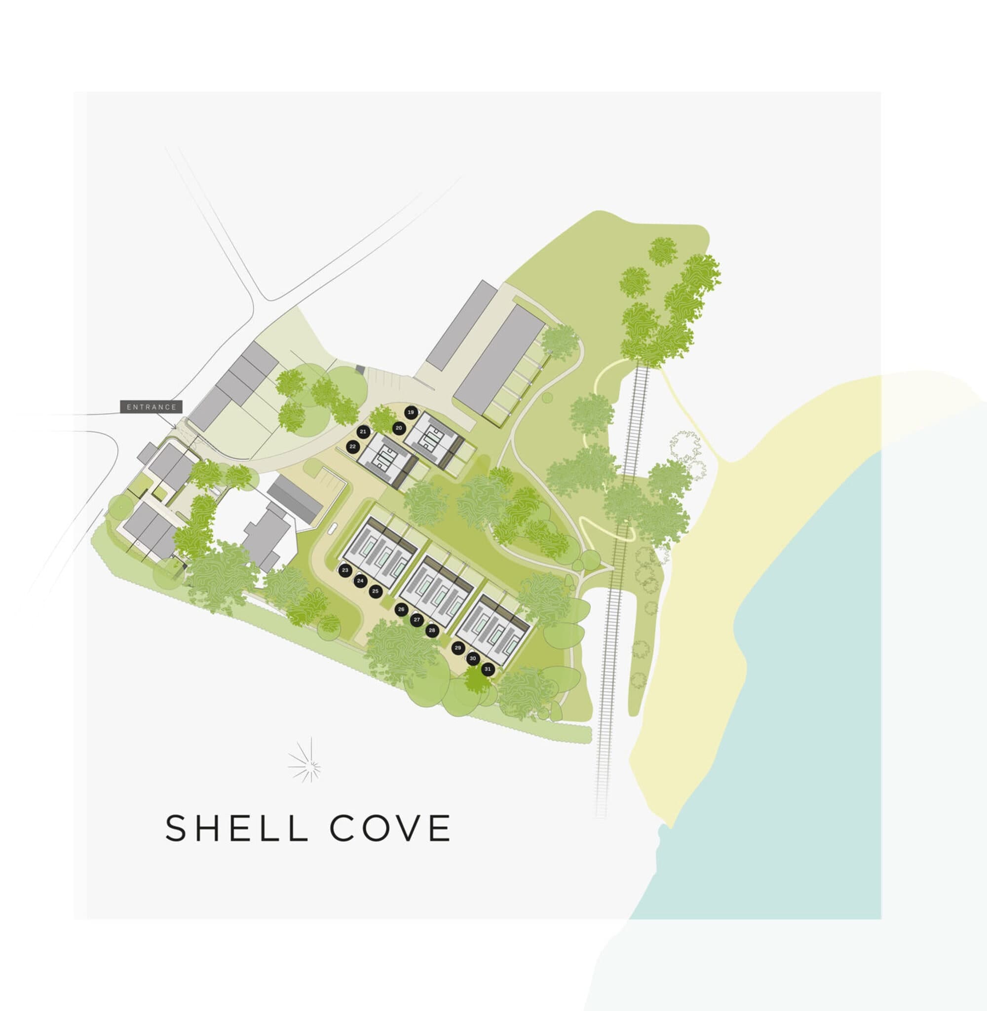 Shell Cove site plan showing the final phase plots 19 to 31 along the cliff front