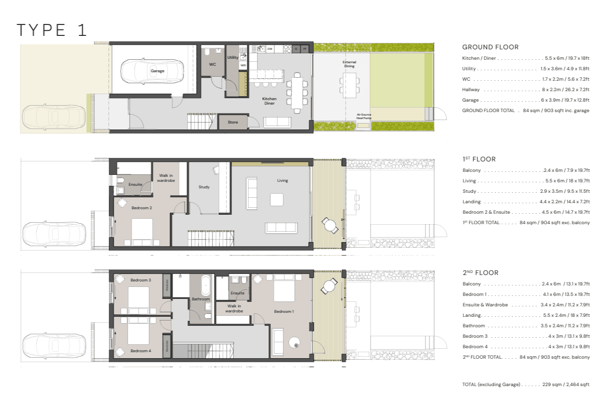 Type 1 floor plans, ground, first and second floor