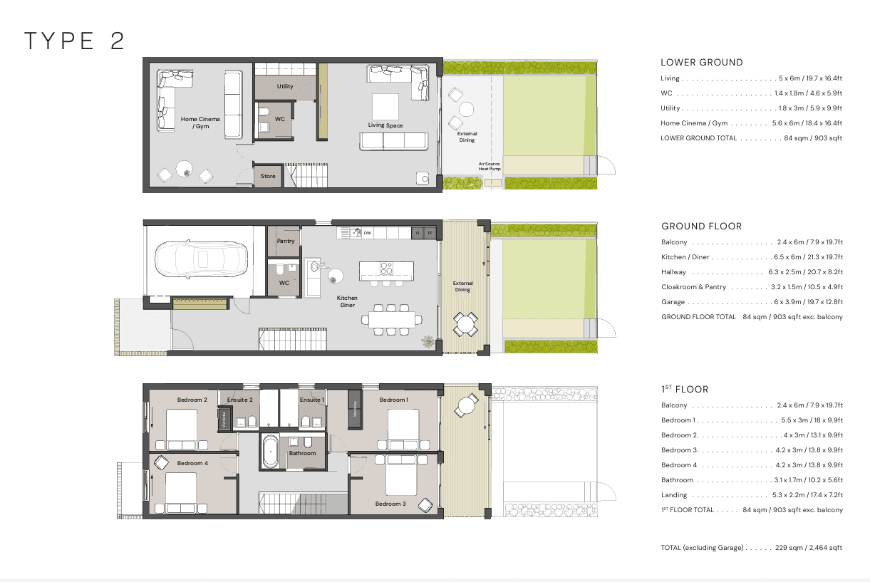 Type 2 floor plans, lower ground, ground and first floor